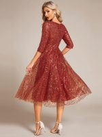 3/4 Sleeve Sparkly Sequin Round Neck Midi Wedding Guest Dress - Image 26