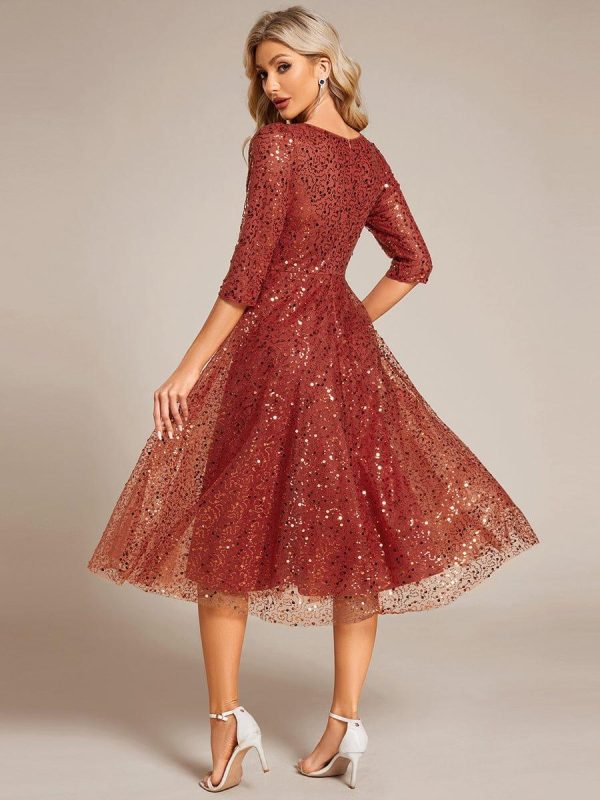 3/4 Sleeve Sparkly Sequin Round Neck Midi Wedding Guest Dress - Image 26