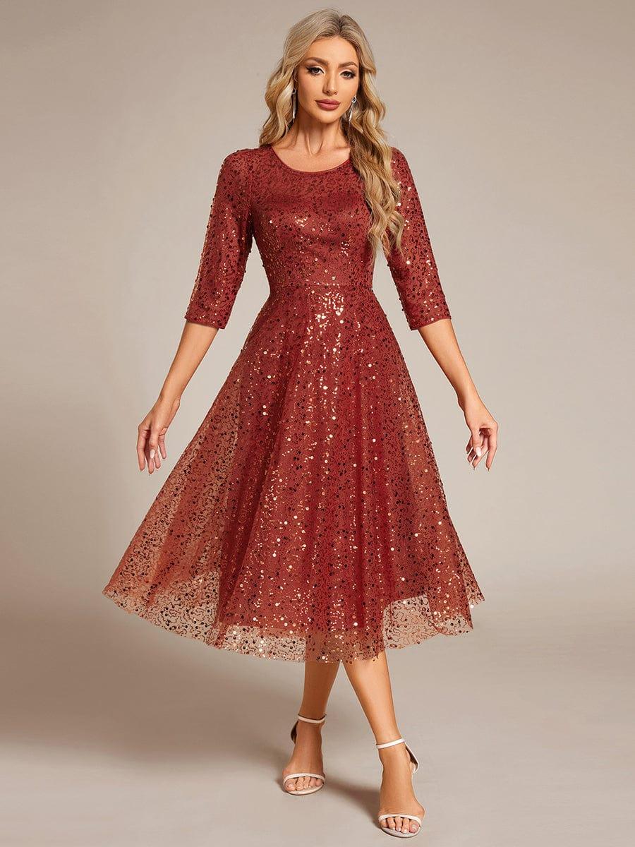 EG02241BO-R3 3/4 Sleeve Sparkly Sequin Round Neck Midi Wedding Guest Dress - Image 28