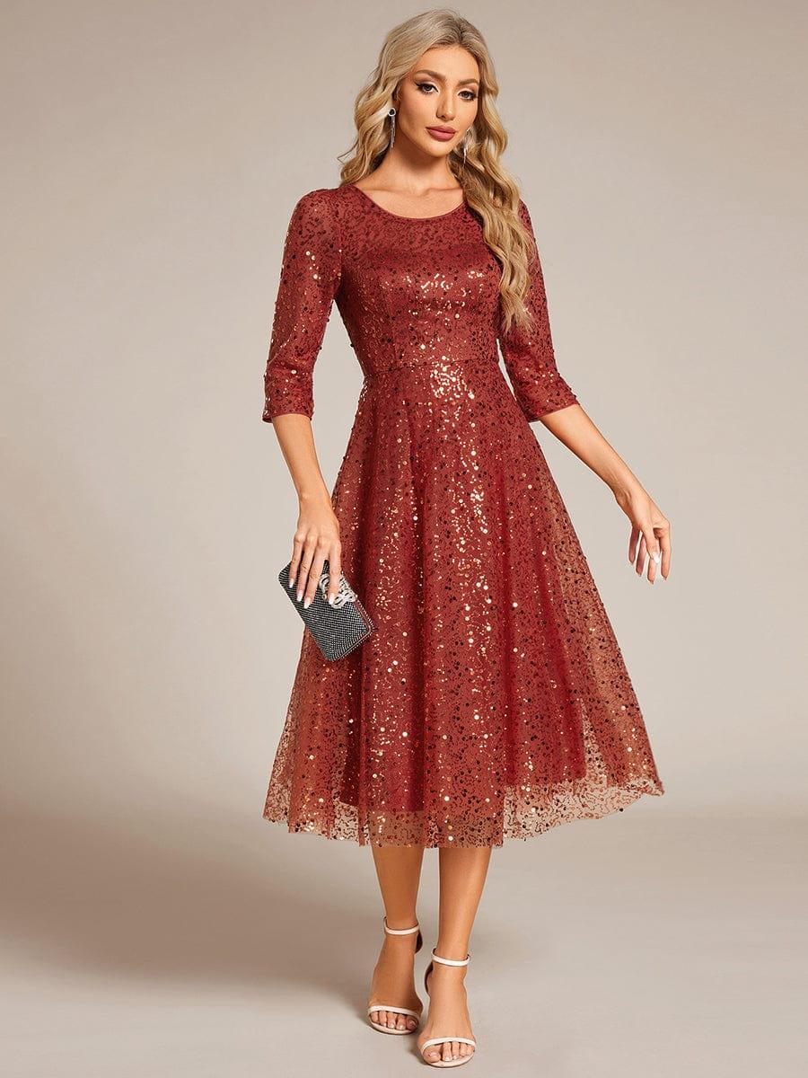 EG02241BO-R4 3/4 Sleeve Sparkly Sequin Round Neck Midi Wedding Guest Dress - Image 25
