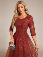 3/4 Sleeve Sparkly Sequin Round Neck Midi Wedding Guest Dress - Image 27