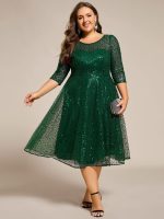 3/4 Sleeve Sparkly Sequin Round Neck Midi Wedding Guest Dress - Image 40