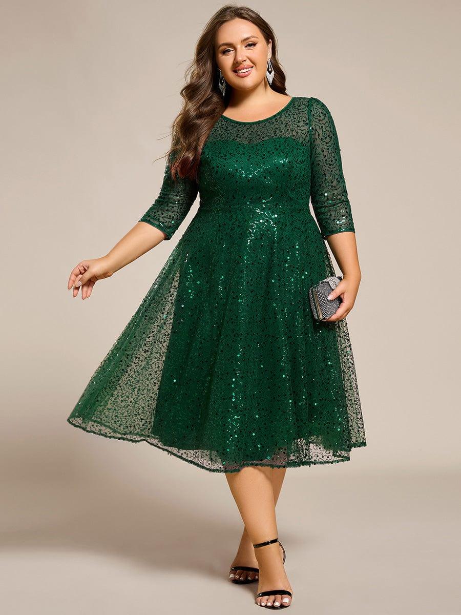 EG02241DG-PR 3/4 Sleeve Sparkly Sequin Round Neck Midi Wedding Guest Dress - Image 40