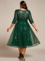 3/4 Sleeve Sparkly Sequin Round Neck Midi Wedding Guest Dress - Image 41