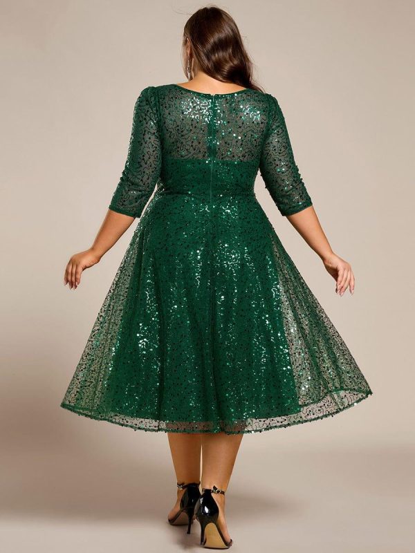 3/4 Sleeve Sparkly Sequin Round Neck Midi Wedding Guest Dress - Image 41