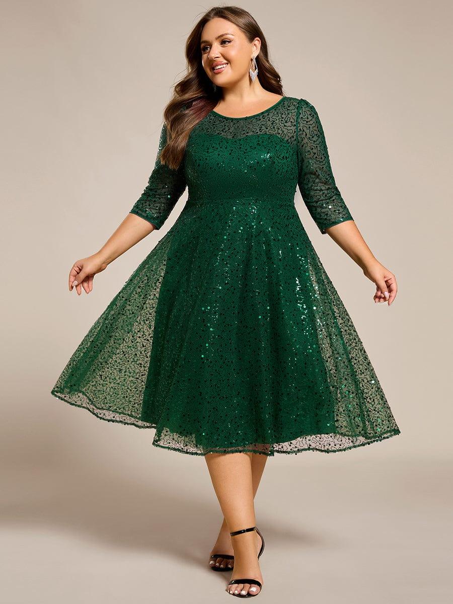 EG02241DG-PR4 3/4 Sleeve Sparkly Sequin Round Neck Midi Wedding Guest Dress - Image 44