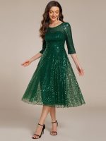 3/4 Sleeve Sparkly Sequin Round Neck Midi Wedding Guest Dress - Image 35