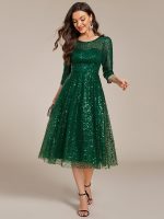3/4 Sleeve Sparkly Sequin Round Neck Midi Wedding Guest Dress - Image 38
