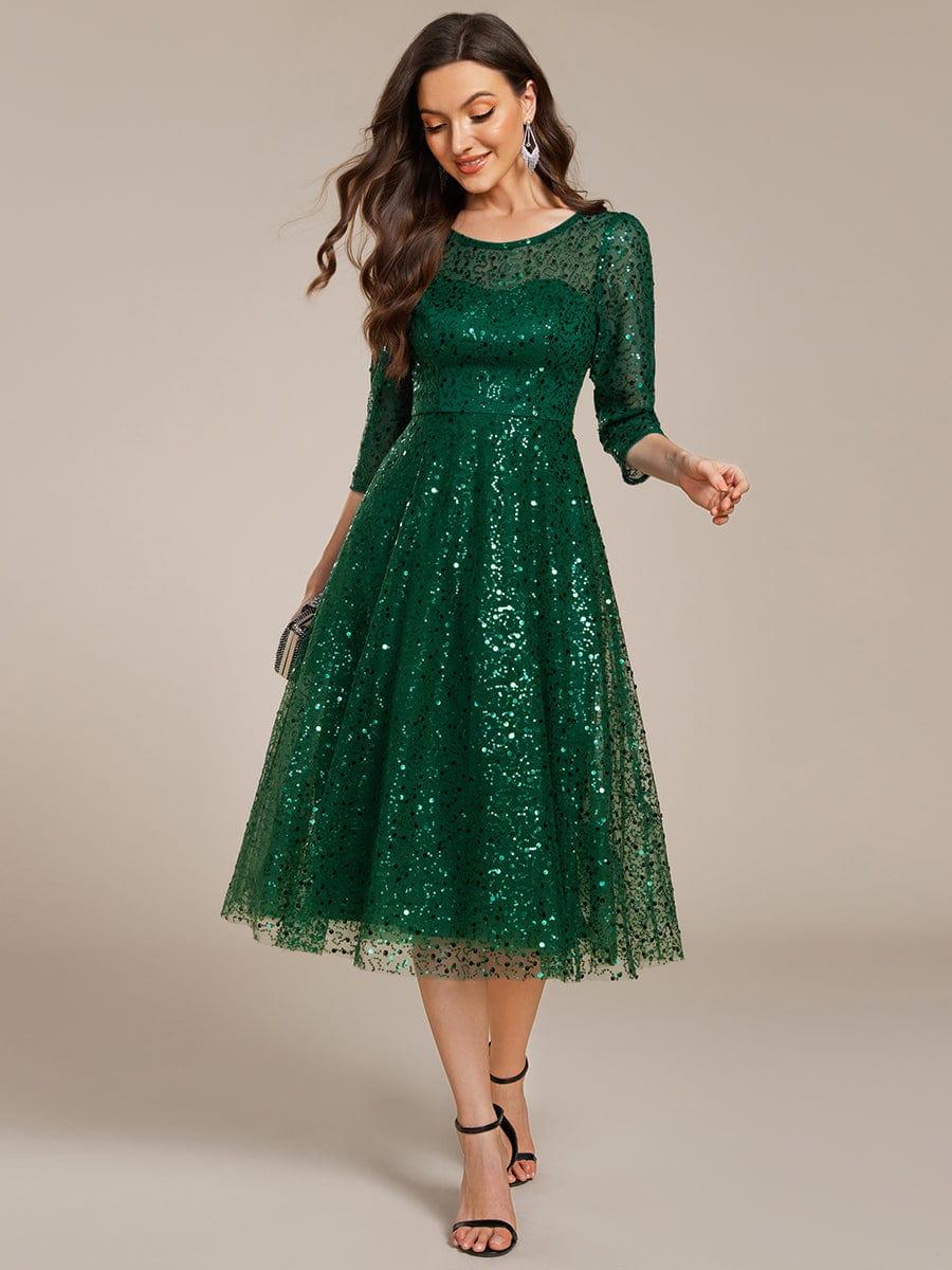 EG02241DG-R3 3/4 Sleeve Sparkly Sequin Round Neck Midi Wedding Guest Dress - Image 38
