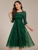 3/4 Sleeve Sparkly Sequin Round Neck Midi Wedding Guest Dress - Image 39