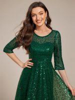 3/4 Sleeve Sparkly Sequin Round Neck Midi Wedding Guest Dress - Image 37