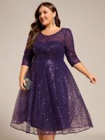 3/4 Sleeve Sparkly Sequin Round Neck Midi Wedding Guest Dress - Image 49