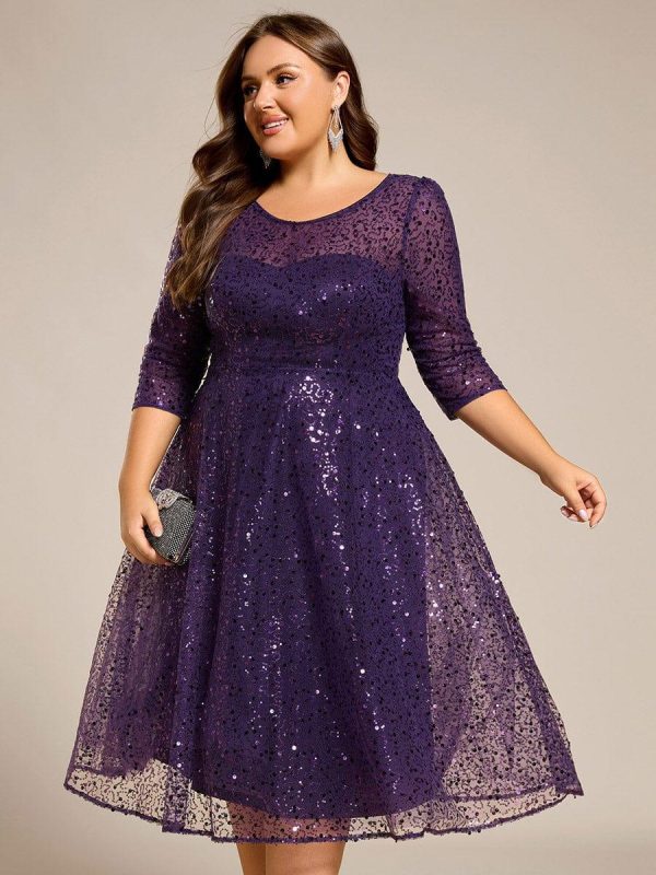 3/4 Sleeve Sparkly Sequin Round Neck Midi Wedding Guest Dress - Image 49