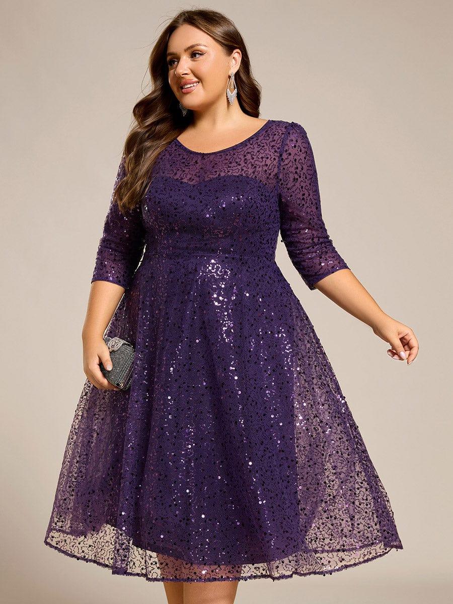 EG02241DP-PR 3/4 Sleeve Sparkly Sequin Round Neck Midi Wedding Guest Dress - Image 49