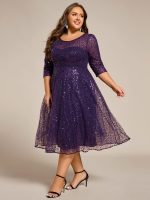 3/4 Sleeve Sparkly Sequin Round Neck Midi Wedding Guest Dress - Image 48