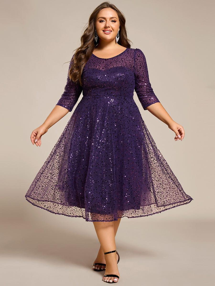 EG02241DP-PR4 3/4 Sleeve Sparkly Sequin Round Neck Midi Wedding Guest Dress - Image 45