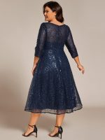 3/4 Sleeve Sparkly Sequin Round Neck Midi Wedding Guest Dress - Image 23