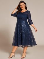 3/4 Sleeve Sparkly Sequin Round Neck Midi Wedding Guest Dress - Image 22