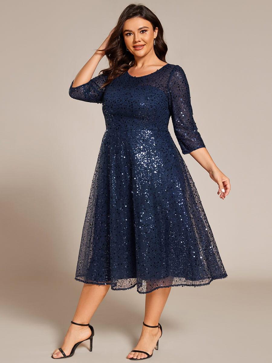 EG02241NB-PR3 3/4 Sleeve Sparkly Sequin Round Neck Midi Wedding Guest Dress - Image 22