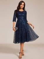 3/4 Sleeve Sparkly Sequin Round Neck Midi Wedding Guest Dress