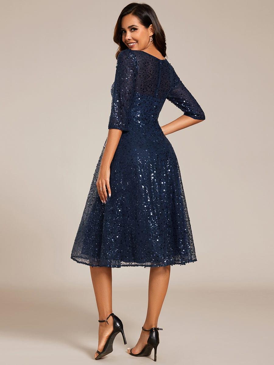 EG02241NB-R2 3/4 Sleeve Sparkly Sequin Round Neck Midi Wedding Guest Dress - Image 2
