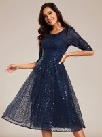 3/4 Sleeve Sparkly Sequin Round Neck Midi Wedding Guest Dress - Image 20