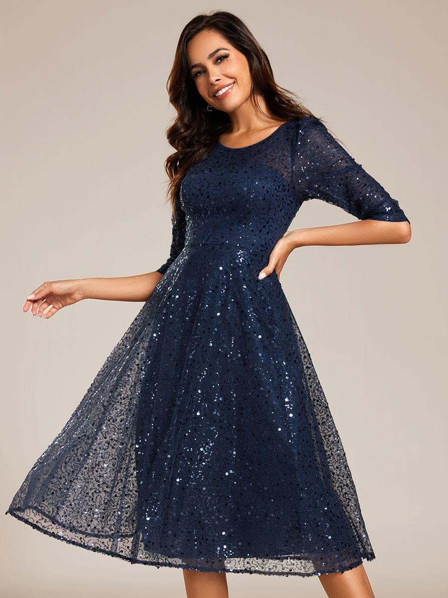 EG02241NB-R3 3/4 Sleeve Sparkly Sequin Round Neck Midi Wedding Guest Dress - Image 20
