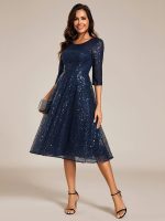 3/4 Sleeve Sparkly Sequin Round Neck Midi Wedding Guest Dress - Image 21