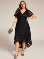 Embroidered Mesh Double V-Neck Short Sleeves Midi Wedding Guest Dress - Image 10