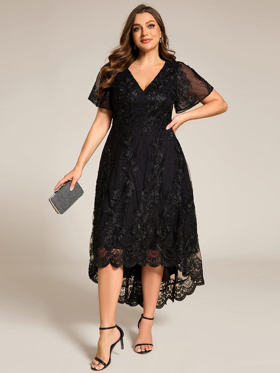 EG02255BK-PR Embroidered Mesh Double V-Neck Short Sleeves Midi Wedding Guest Dress - Image 10
