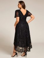 Embroidered Mesh Double V-Neck Short Sleeves Midi Wedding Guest Dress - Image 7
