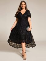 Embroidered Mesh Double V-Neck Short Sleeves Midi Wedding Guest Dress - Image 6