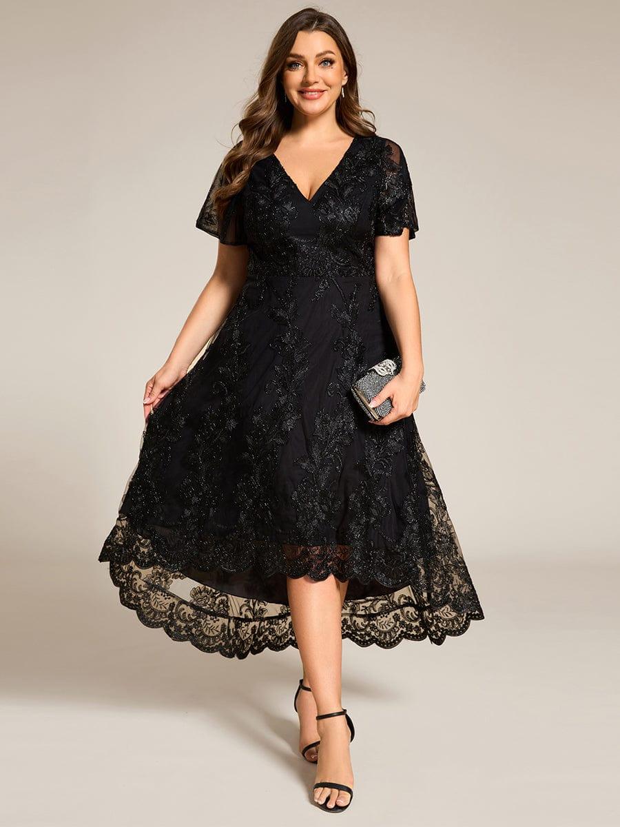 EG02255BK-PR3 Embroidered Mesh Double V-Neck Short Sleeves Midi Wedding Guest Dress - Image 6