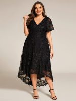 Embroidered Mesh Double V-Neck Short Sleeves Midi Wedding Guest Dress - Image 9