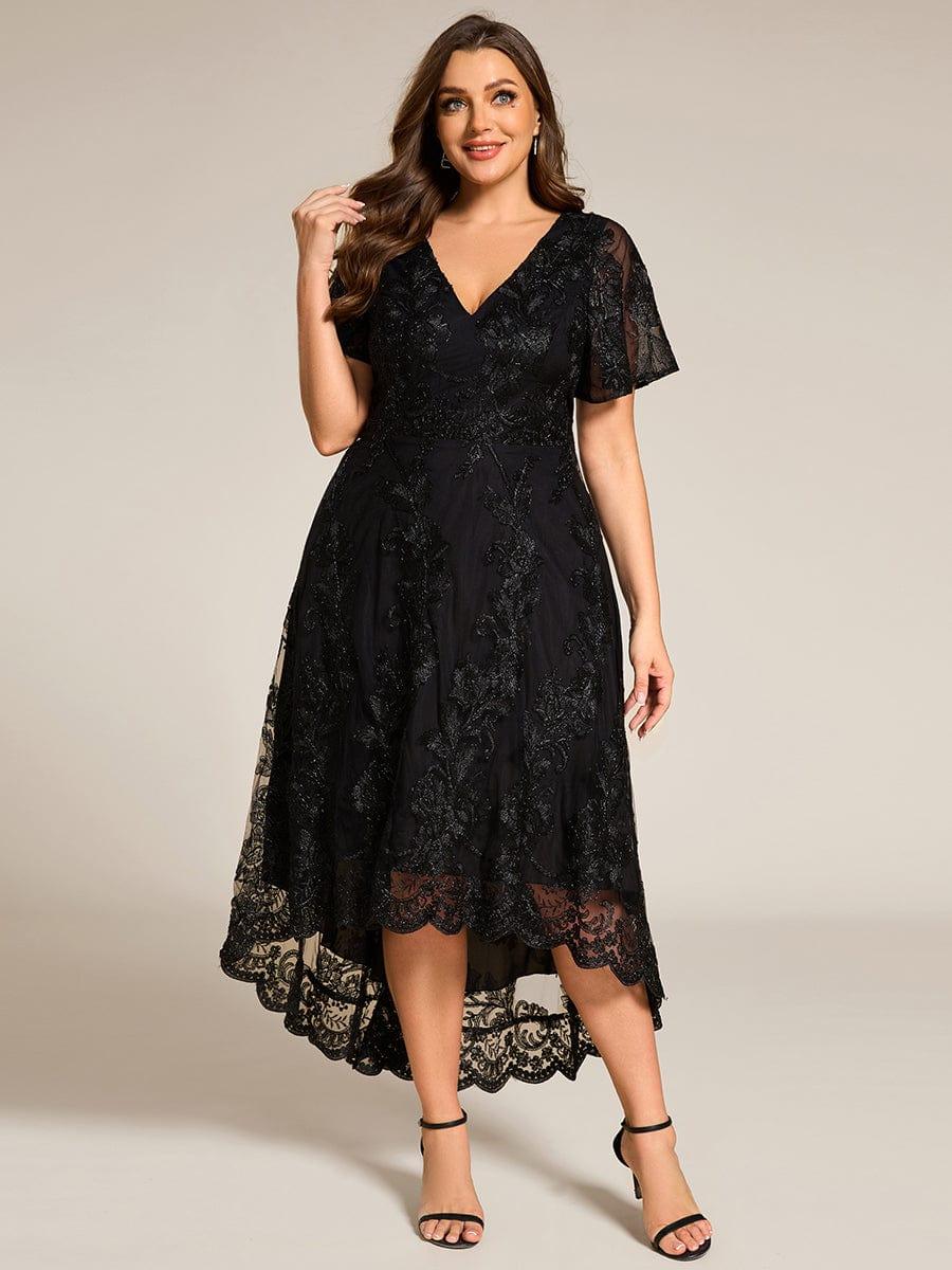 EG02255BK-PR4 Embroidered Mesh Double V-Neck Short Sleeves Midi Wedding Guest Dress - Image 9