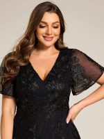 Embroidered Mesh Double V-Neck Short Sleeves Midi Wedding Guest Dress - Image 8