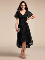 Embroidered Mesh Double V-Neck Short Sleeves Midi Wedding Guest Dress - Image 5