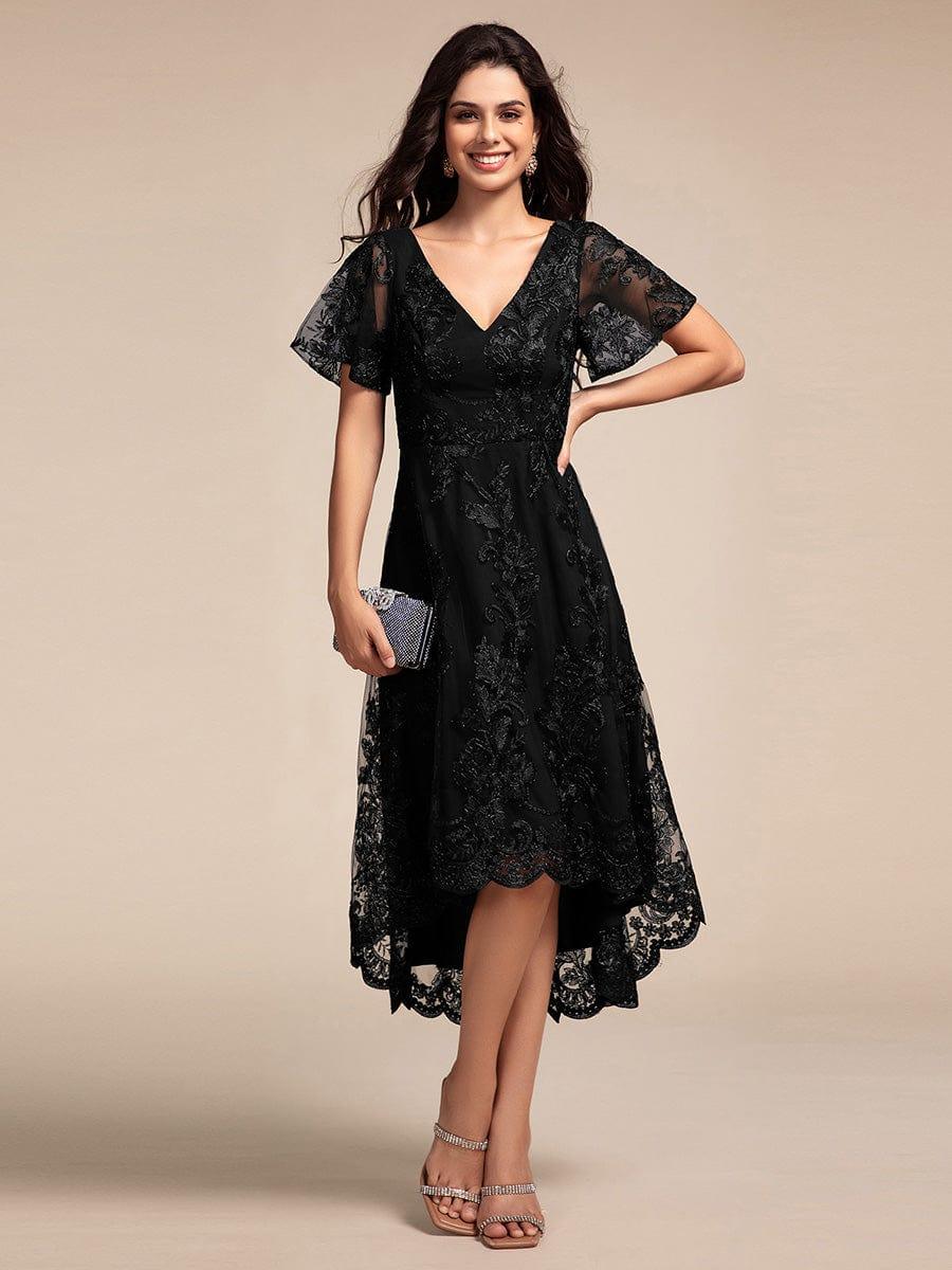 EG02255BK-R Embroidered Mesh Double V-Neck Short Sleeves Midi Wedding Guest Dress - Image 5