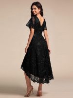 Embroidered Mesh Double V-Neck Short Sleeves Midi Wedding Guest Dress - Image 2