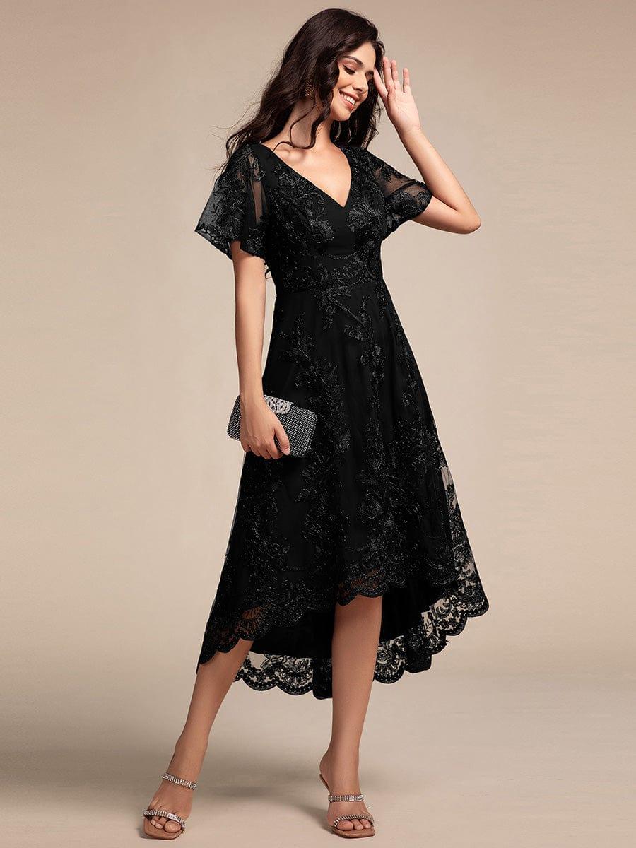 EG02255BK-R3 Embroidered Mesh Double V-Neck Short Sleeves Midi Wedding Guest Dress - Image 4