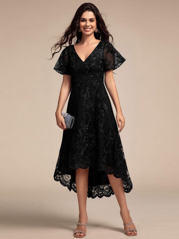 Embroidered Mesh Double V-Neck Short Sleeves Midi Wedding Guest Dress - Image 1