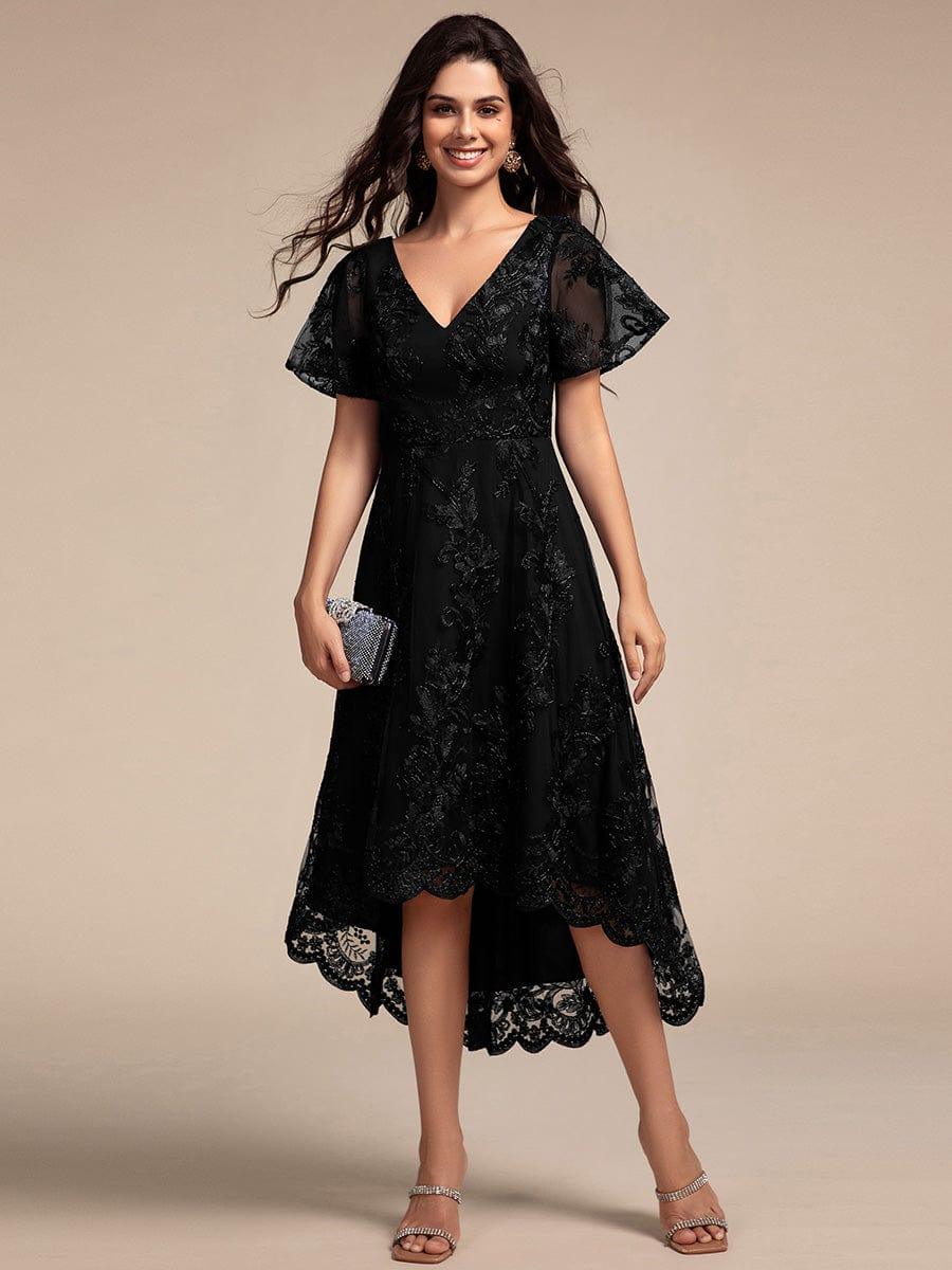 EG02255BK-R4 Embroidered Mesh Double V-Neck Short Sleeves Midi Wedding Guest Dress - Image 1