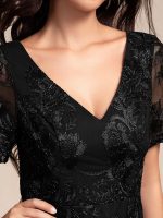 Embroidered Mesh Double V-Neck Short Sleeves Midi Wedding Guest Dress - Image 3