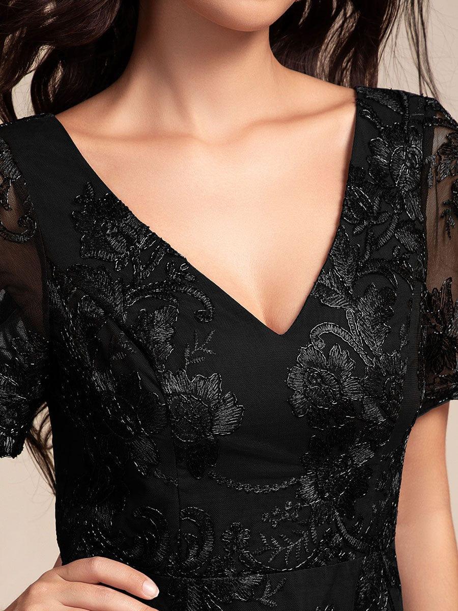 EG02255BK-R5 Embroidered Mesh Double V-Neck Short Sleeves Midi Wedding Guest Dress - Image 3