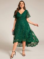Embroidered Mesh Double V-Neck Short Sleeves Midi Wedding Guest Dress - Image 20