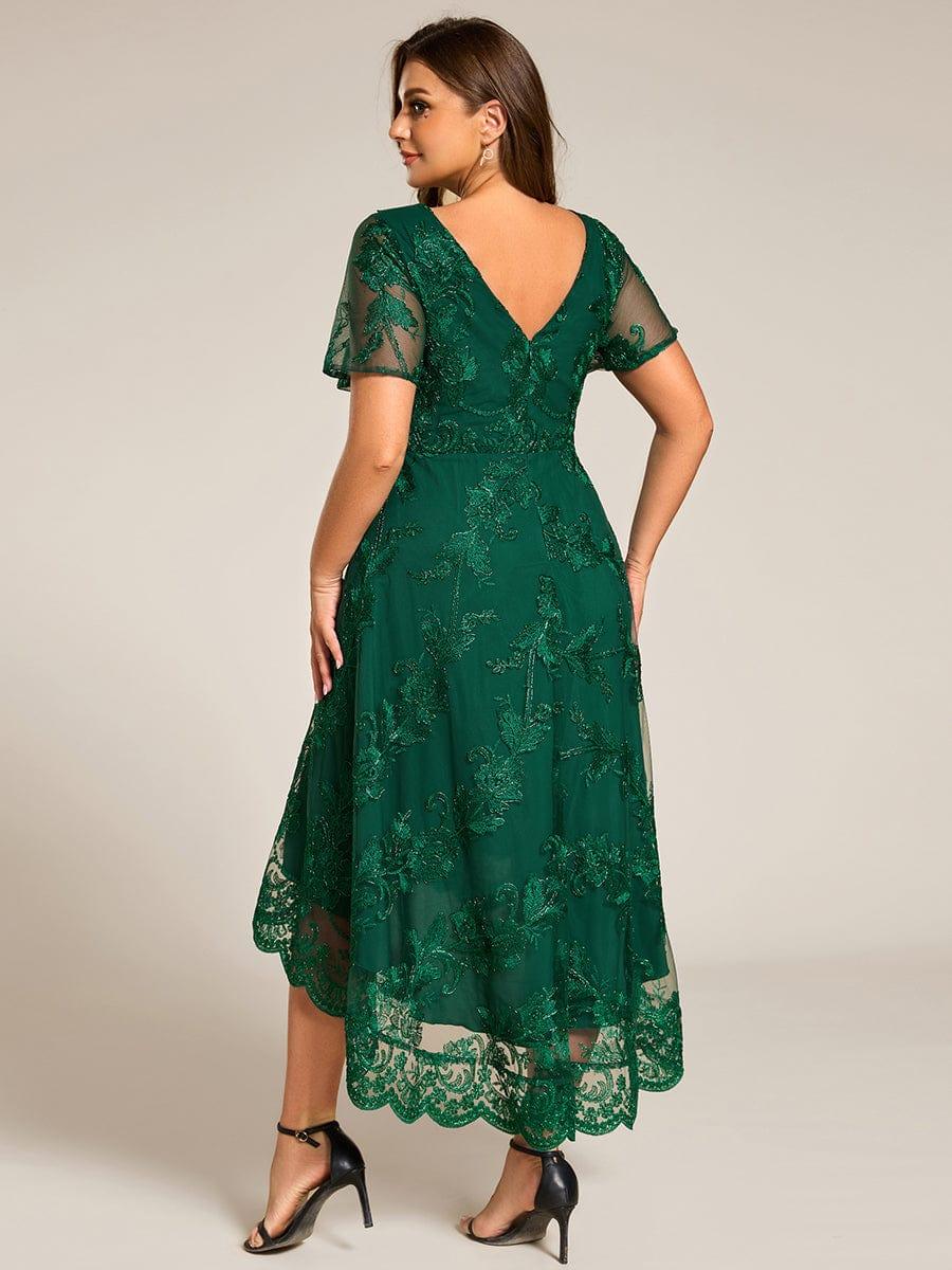 EG02255DG-PR2 Embroidered Mesh Double V-Neck Short Sleeves Midi Wedding Guest Dress - Image 17