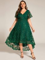 Embroidered Mesh Double V-Neck Short Sleeves Midi Wedding Guest Dress - Image 16