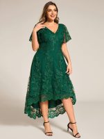Embroidered Mesh Double V-Neck Short Sleeves Midi Wedding Guest Dress - Image 19