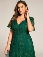 Embroidered Mesh Double V-Neck Short Sleeves Midi Wedding Guest Dress - Image 18