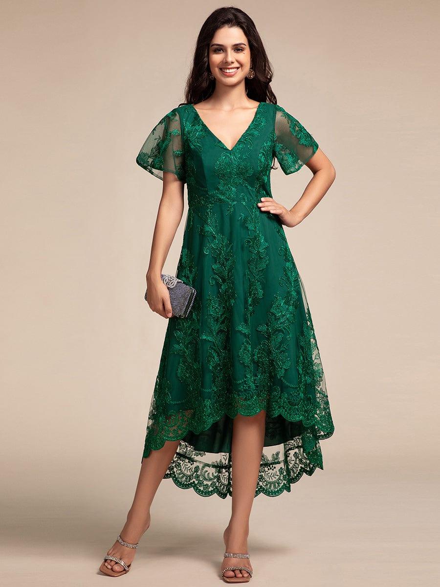EG02255DG-R Embroidered Mesh Double V-Neck Short Sleeves Midi Wedding Guest Dress - Image 15